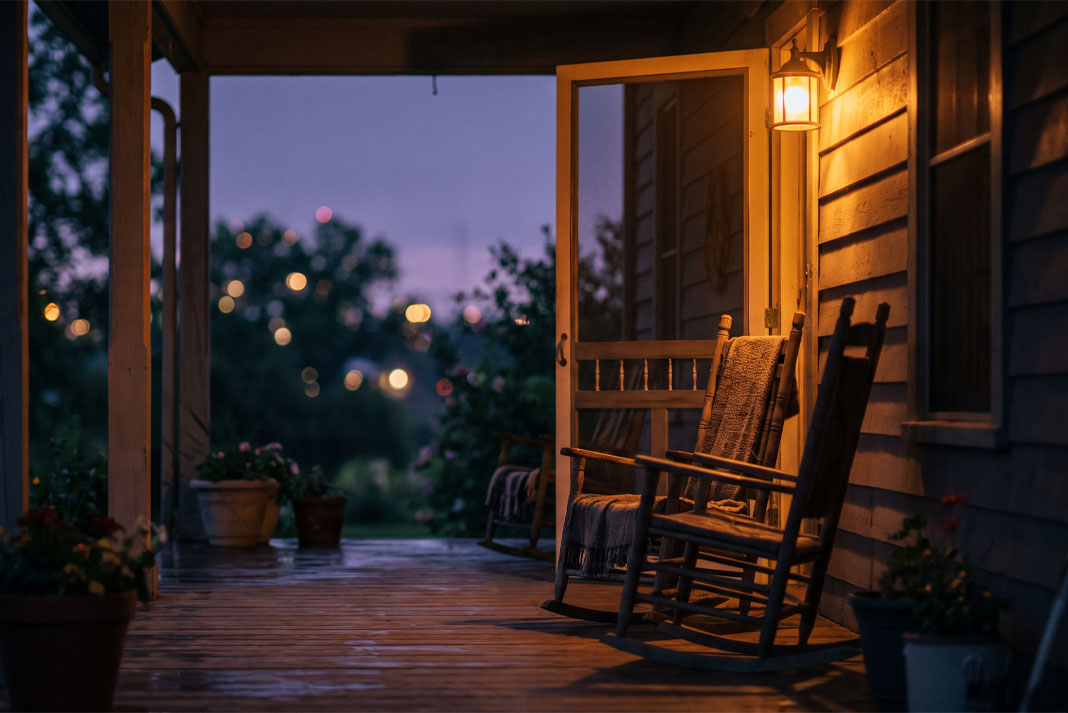 A porch light glowing warmly at dusk beside two rocking chairs and an open screen door